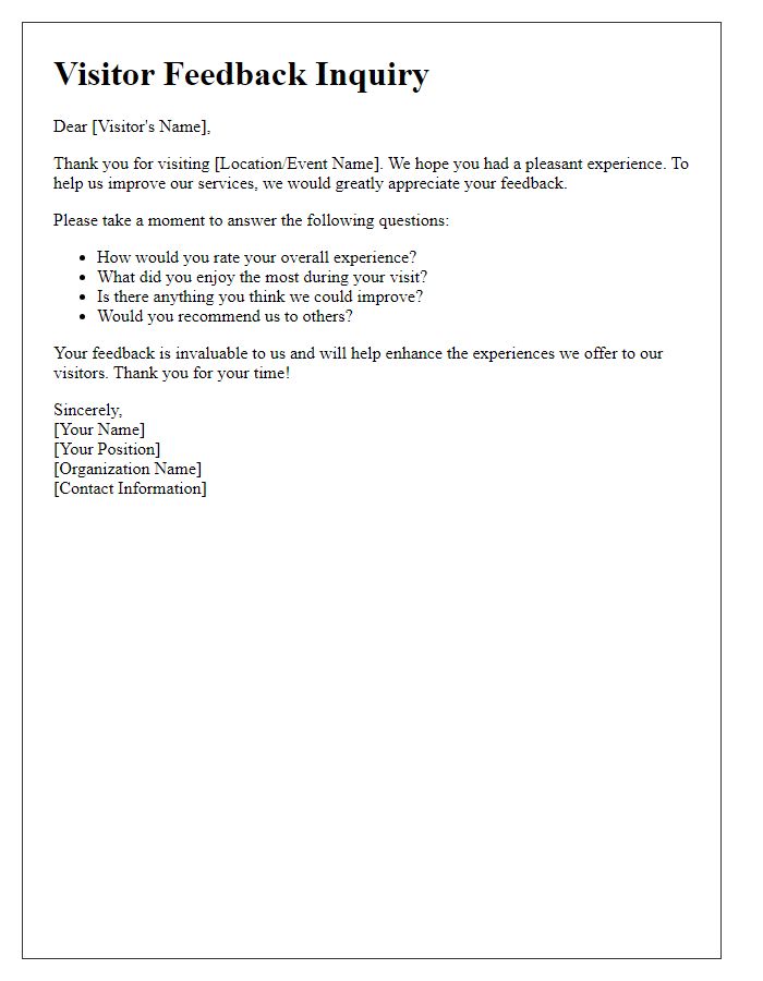 Letter template of visitor feedback inquiry