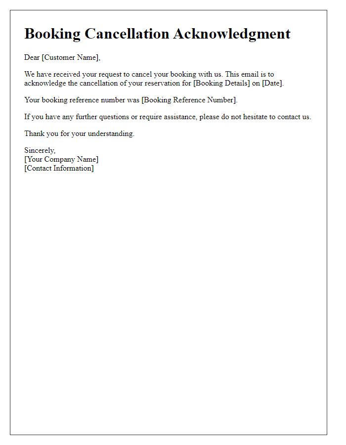 Letter template of booking cancellation acknowledgment