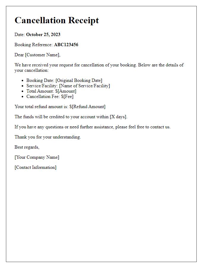 Letter template of booking cancellation receipt