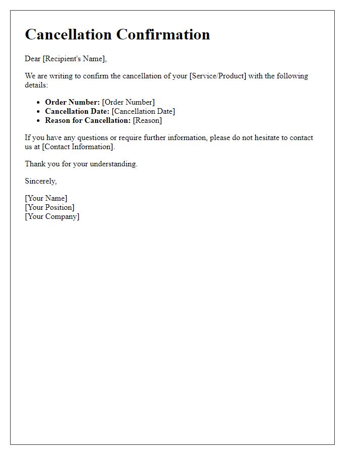 Letter template of cancellation confirmation details