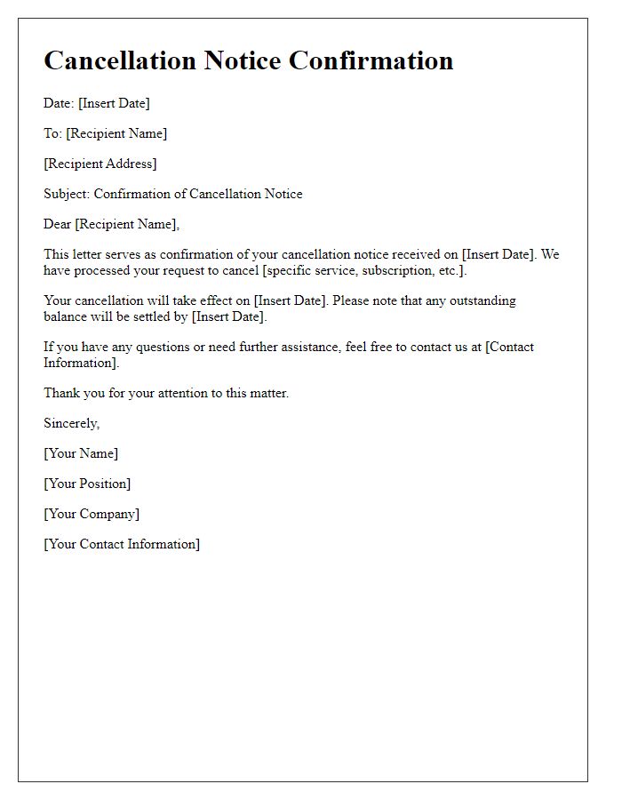 Letter template of cancellation notice confirmation