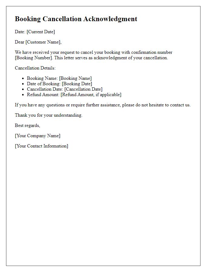 Letter template of final booking cancellation acknowledgment