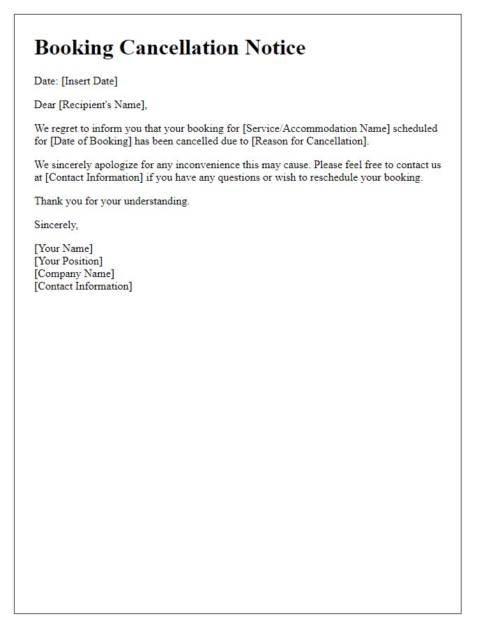 Letter template of notice on booking cancellation