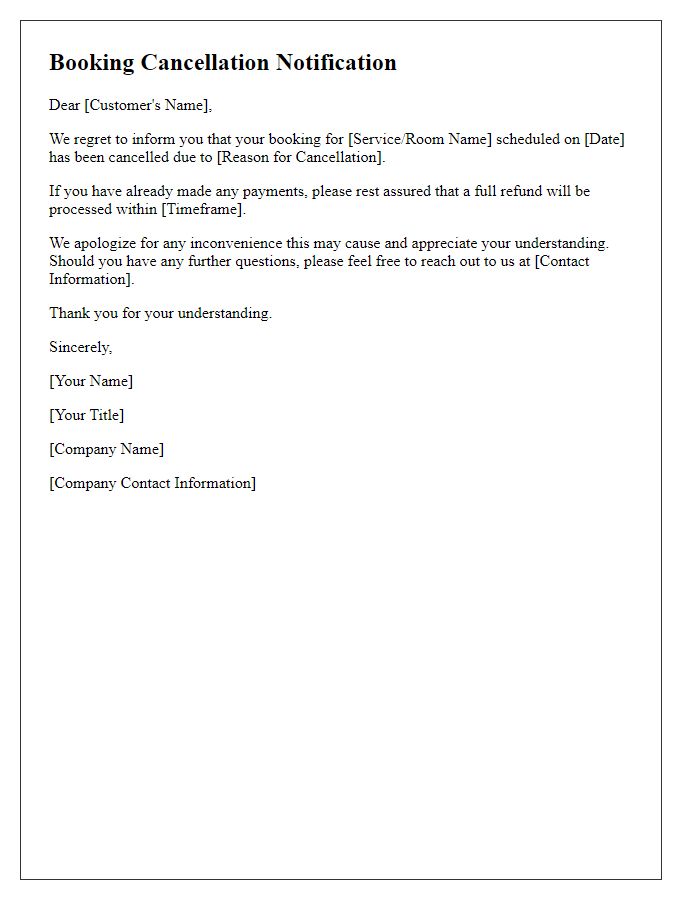 Letter template of notification regarding booking cancellation