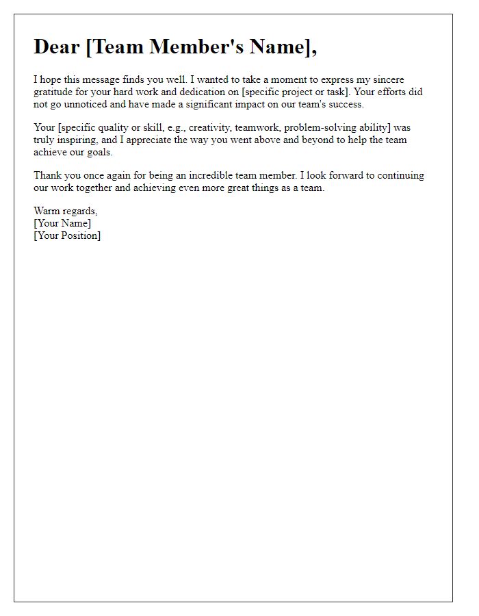 Letter template of team member gratitude note