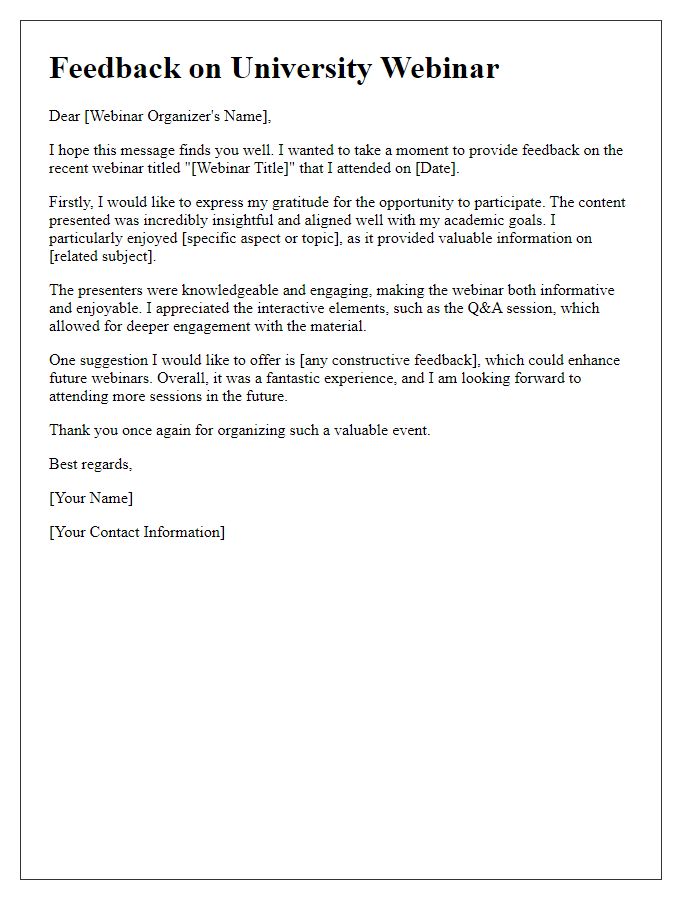 Letter template of feedback after attending university webinar