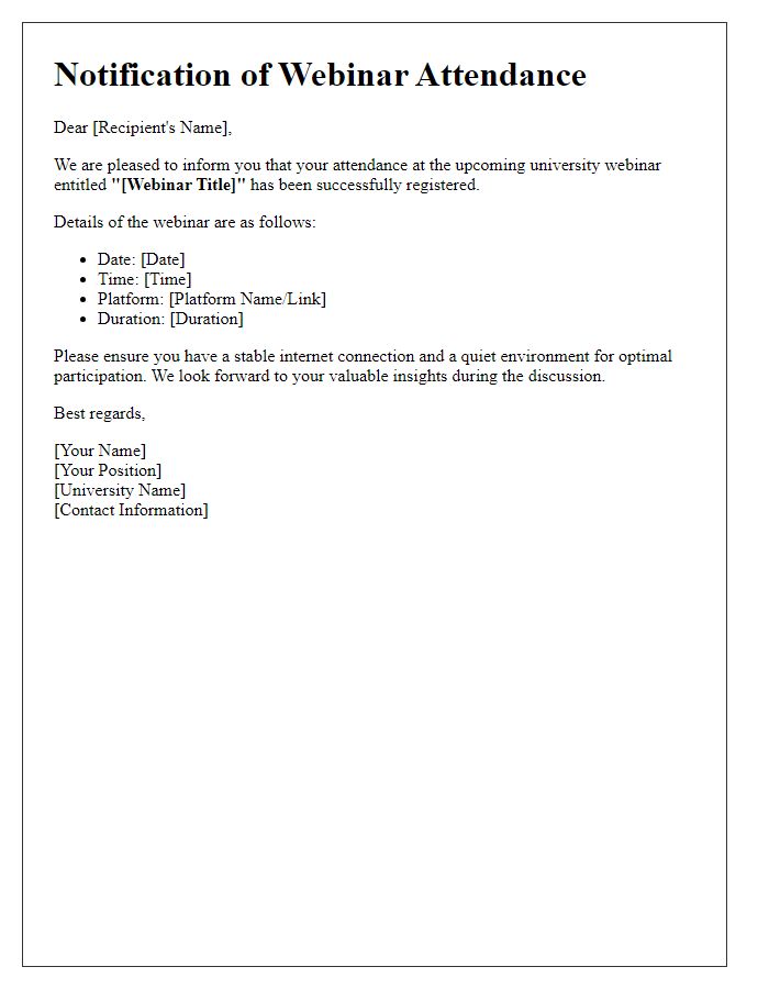 Letter template of notification for university webinar attendance