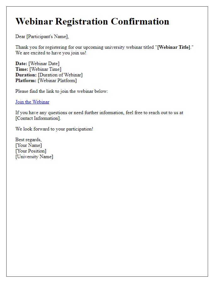 Letter template of registration for university webinar participation