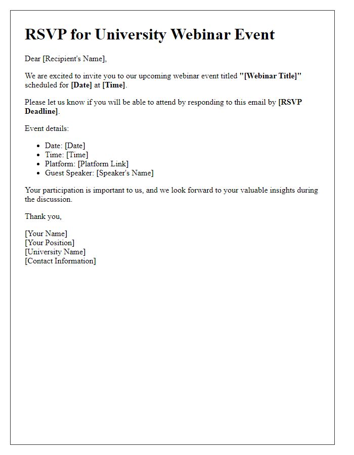 Letter template of RSVP for university webinar event