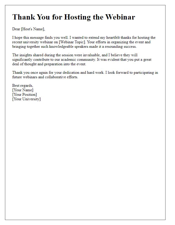 Letter template of thanks for hosting university webinar