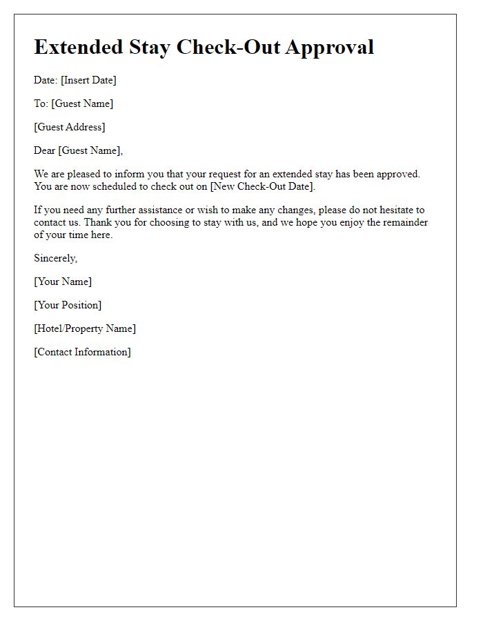 Letter template of extended stay check-out approval