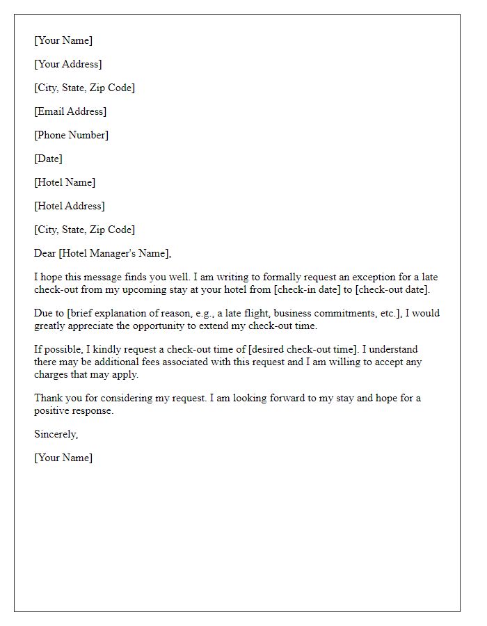 Letter template of late check-out exception request