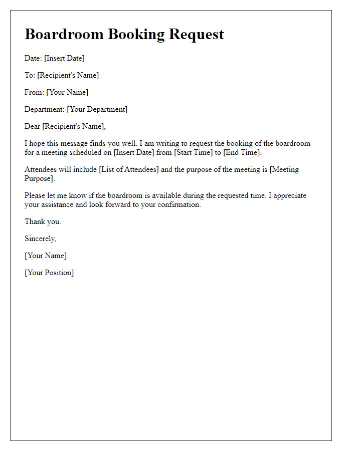 Letter template of boardroom booking