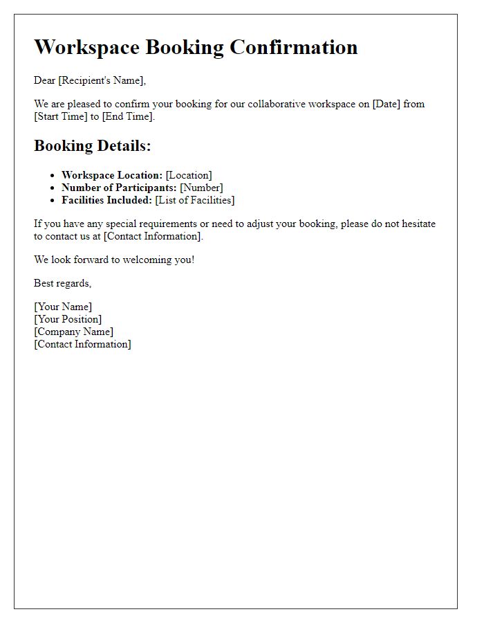 Letter template of collaborative workspace booking