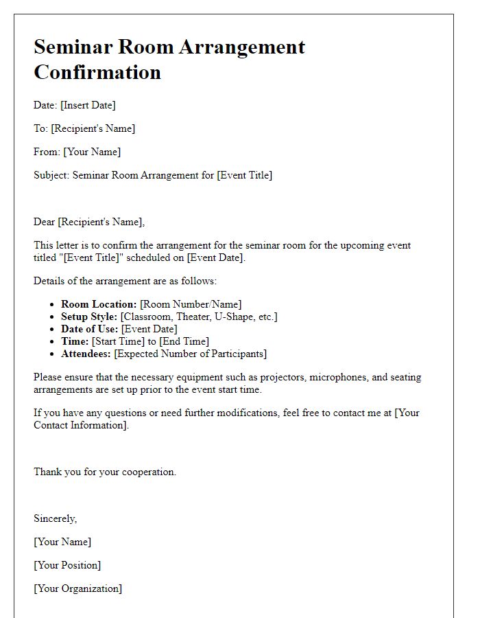 Letter template of seminar room arrangement