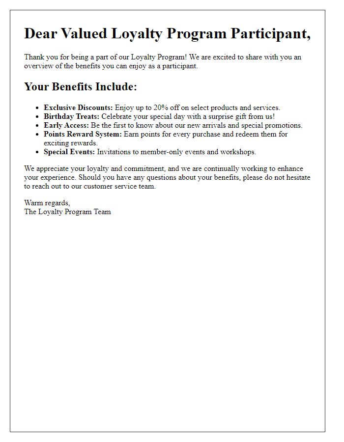 Letter template of benefits overview for loyalty program participants