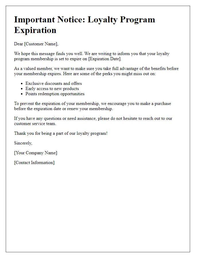 Letter template of loyalty program expiration notice