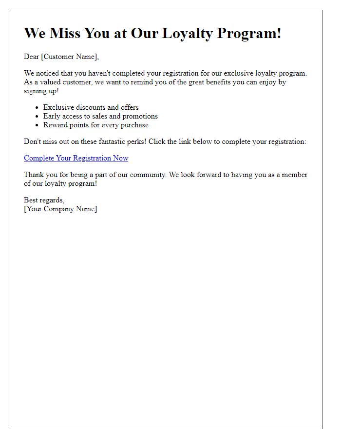 Letter template of loyalty program registration reminder