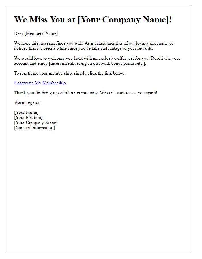 Letter template of reactivation invitation for lapsed loyalty program members