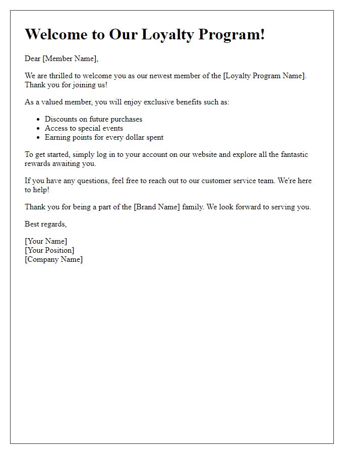 Letter template of welcome message for new loyalty program members