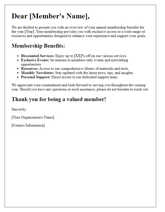 Letter template of annual membership benefits overview