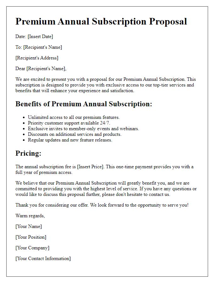 Letter template of premium annual subscription proposal