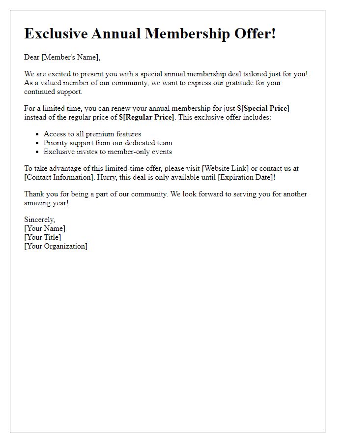 Letter template of special annual membership deal