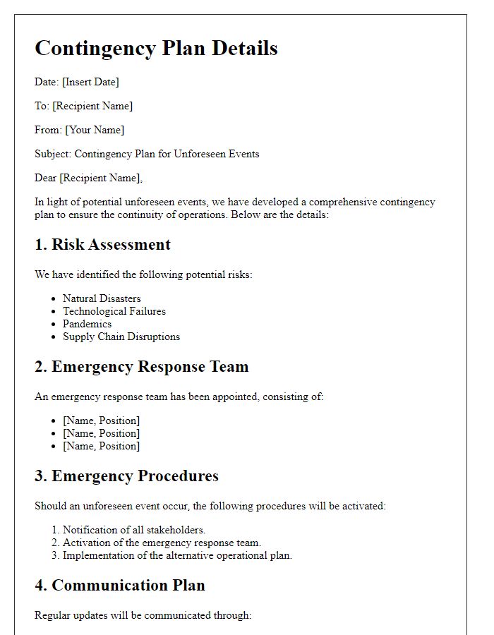 Letter template of contingency plan details for unforeseen events.