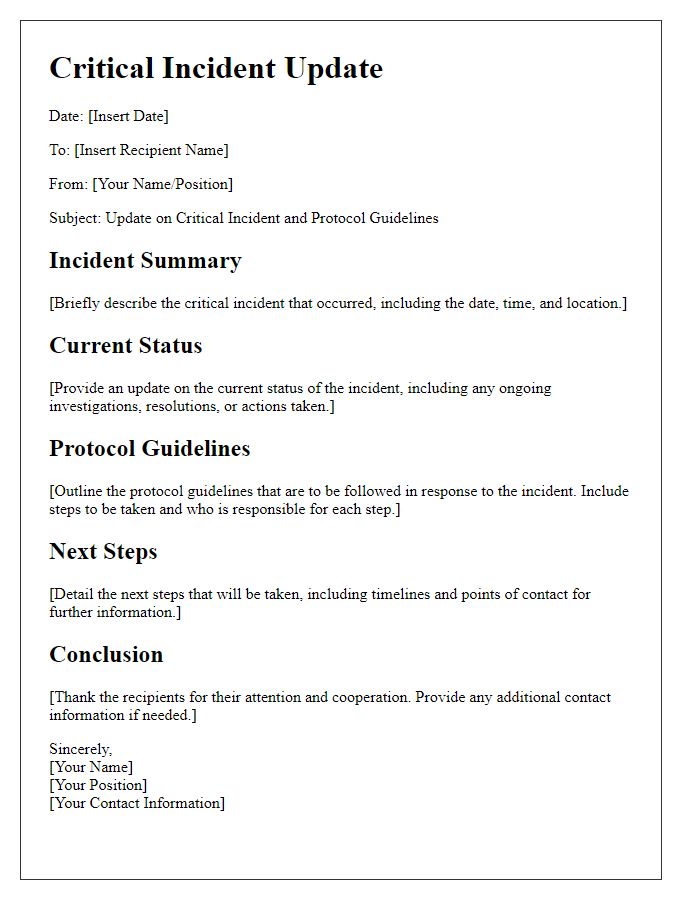 Letter template of critical incident update and protocol guidelines.