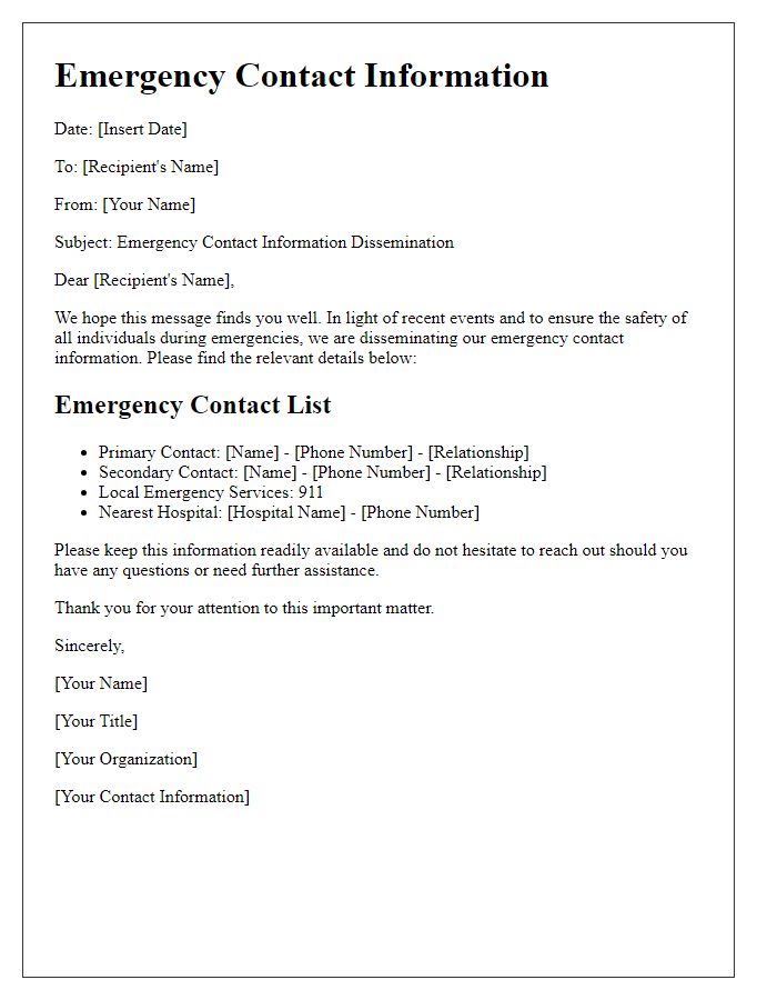 Letter template of emergency contact information dissemination.