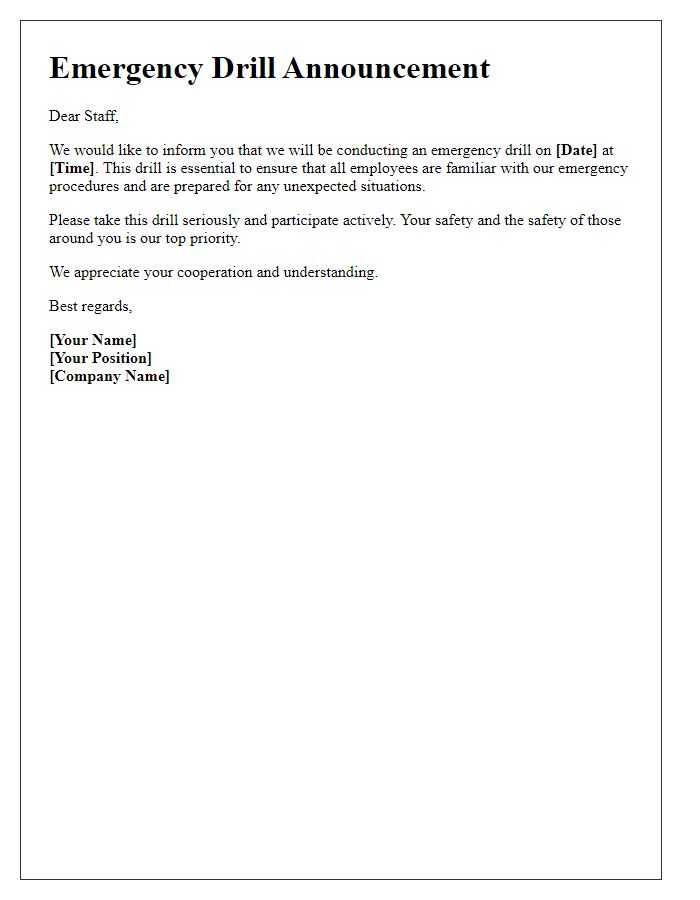 Letter template of emergency drill announcement for staff awareness.