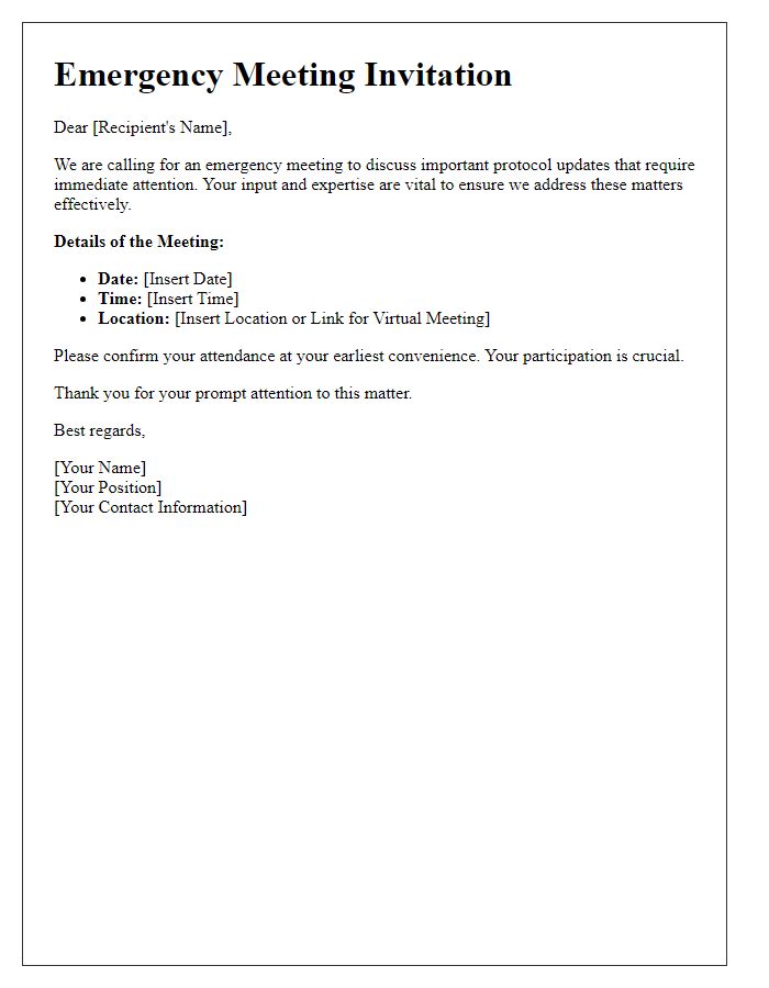 Letter template of emergency meeting invitation for protocol discussion.