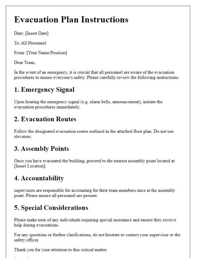 Letter template of evacuation plan instructions for personnel.