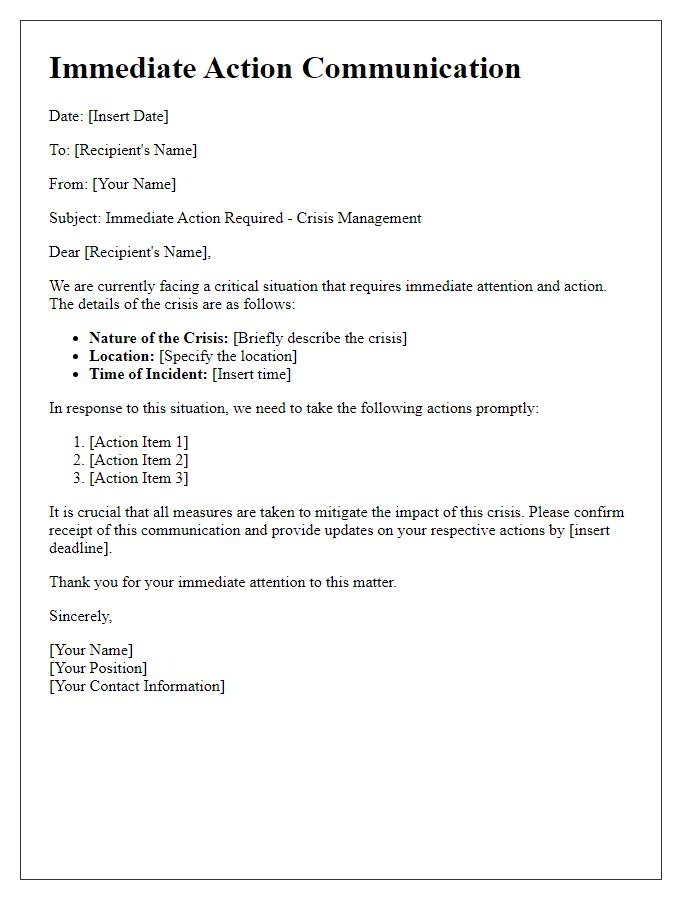 Letter template of immediate action communication for crisis management.