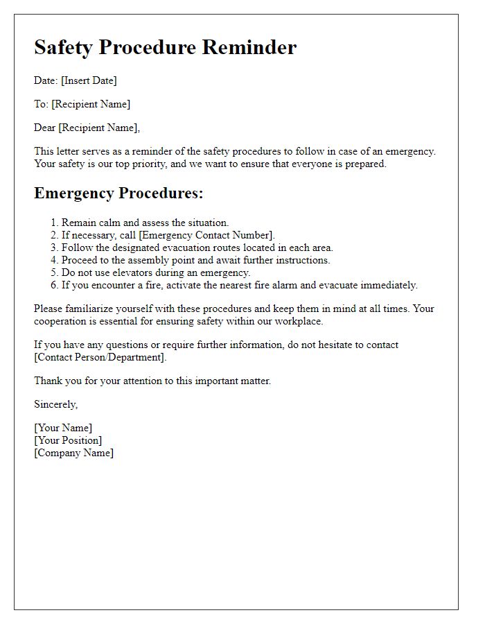 Letter template of safety procedure reminder in case of an emergency.