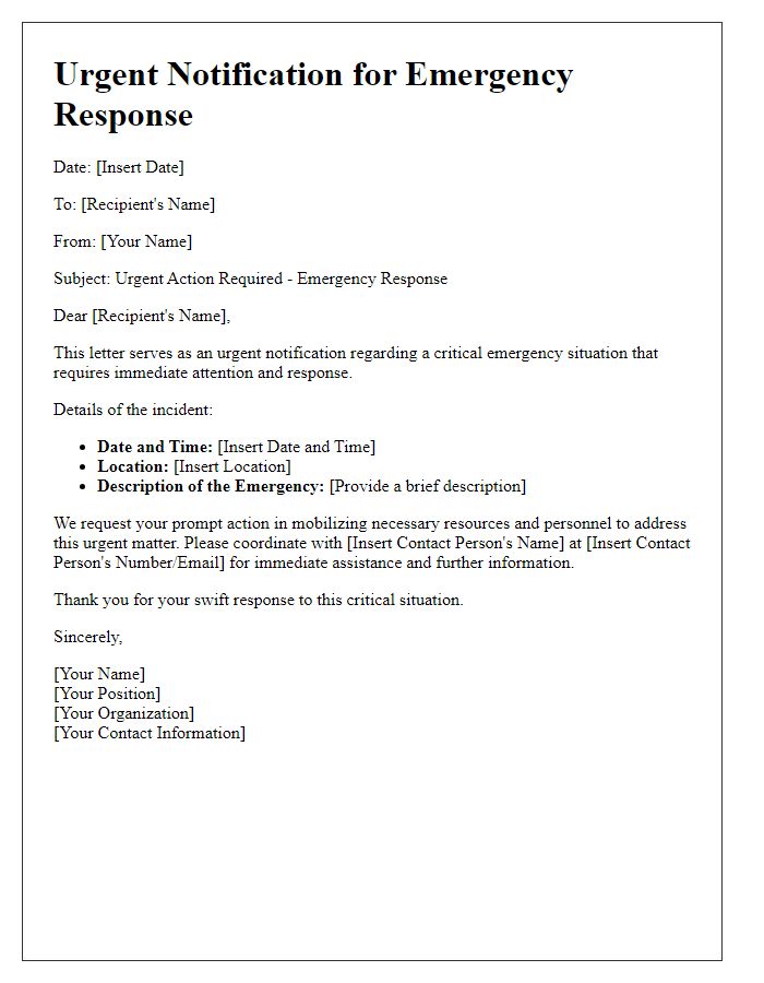 Letter template of urgent notification for emergency response.