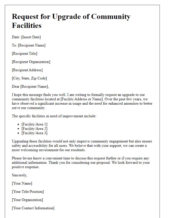 Letter template of community facilities upgrade request