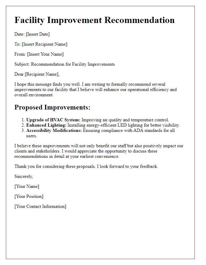 Letter template of facility improvement recommendation