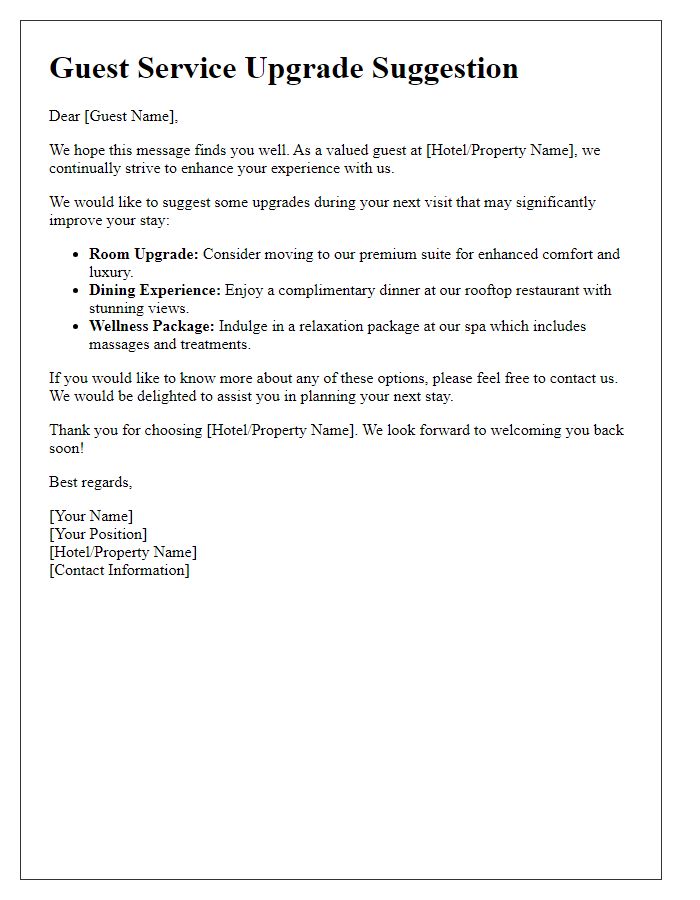 Letter template of guest service upgrade suggestion