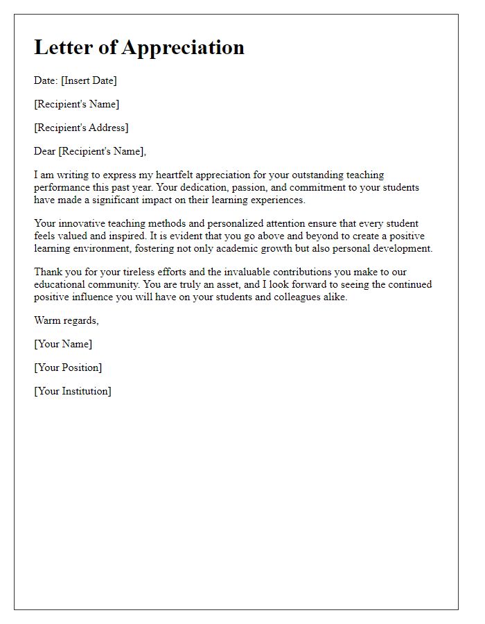 Letter template of appreciation for outstanding teaching performance.