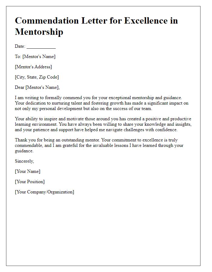 Letter template of commendation for excellence in mentorship.