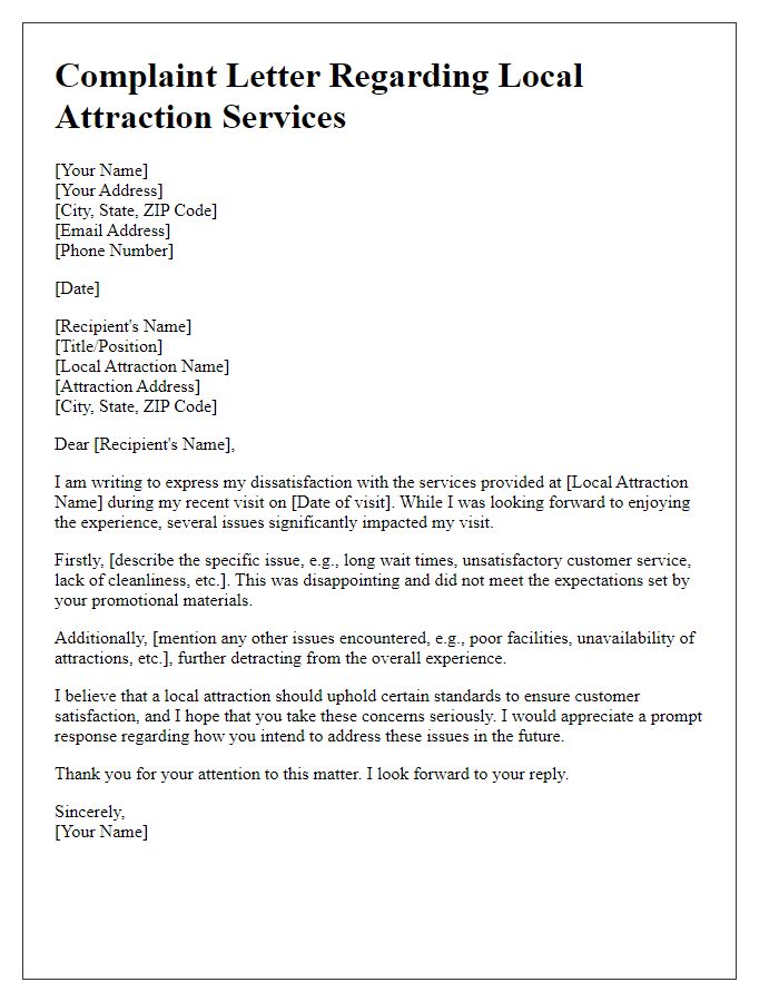 Letter template of complaint about local attraction services