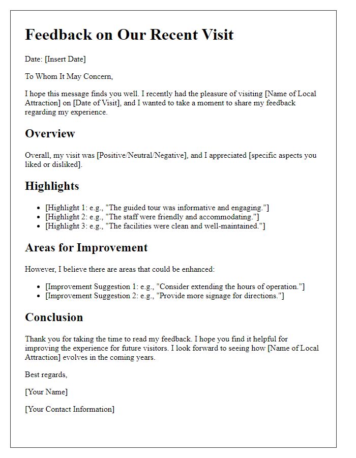 Letter template of feedback on local attractions experience