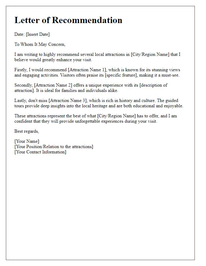 Letter template of recommendation for local attractions