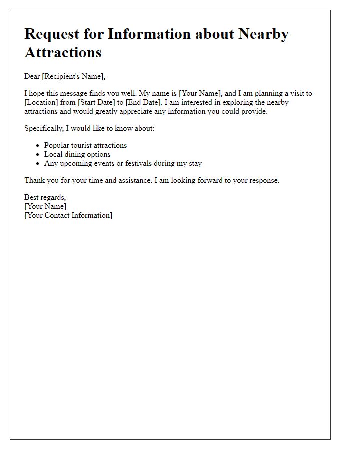 Letter template of request for information about nearby attractions