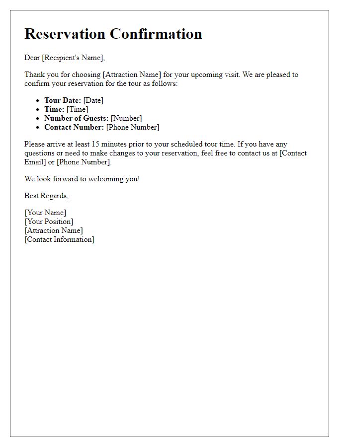 Letter template of reservation for a local attraction tour