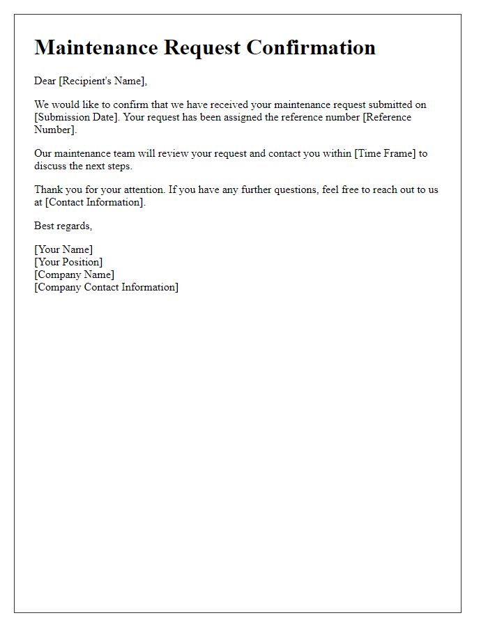 Letter template of confirmation for maintenance request submission