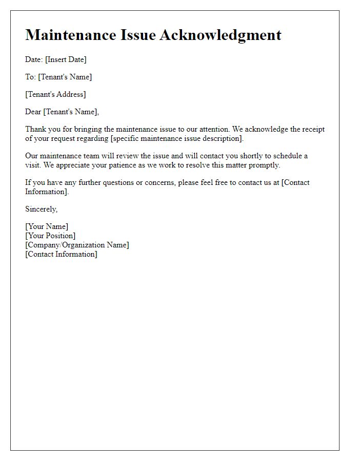 Letter template of maintenance issue acknowledgment