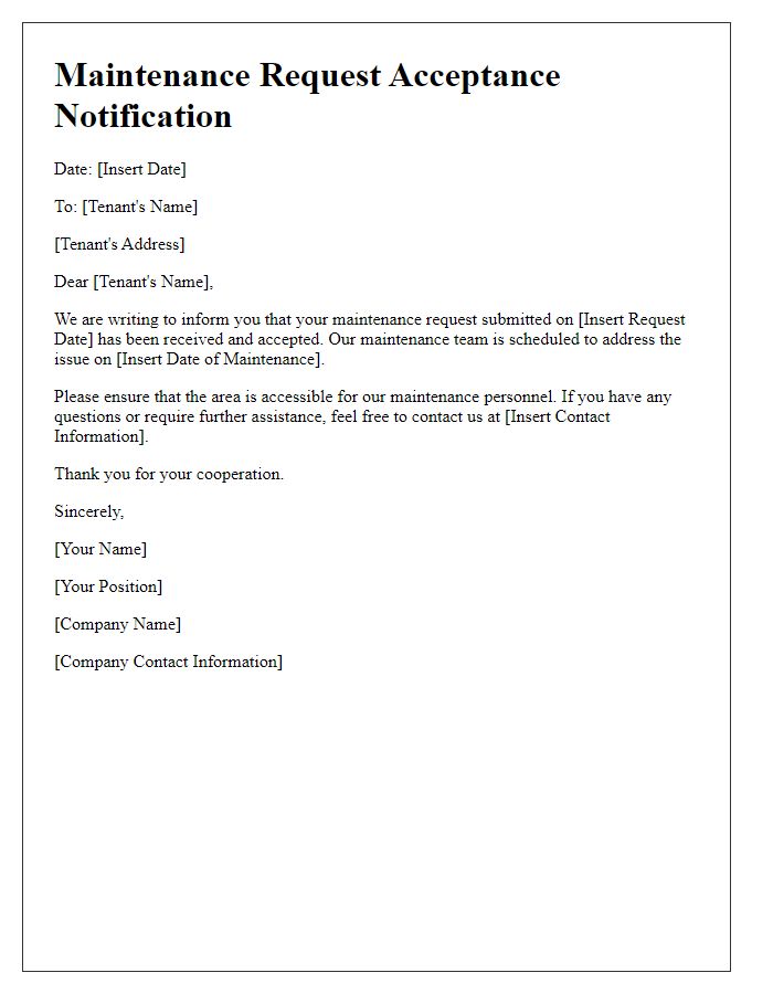 Letter template of maintenance request acceptance notification