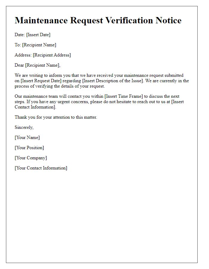 Letter template of maintenance request verification notice